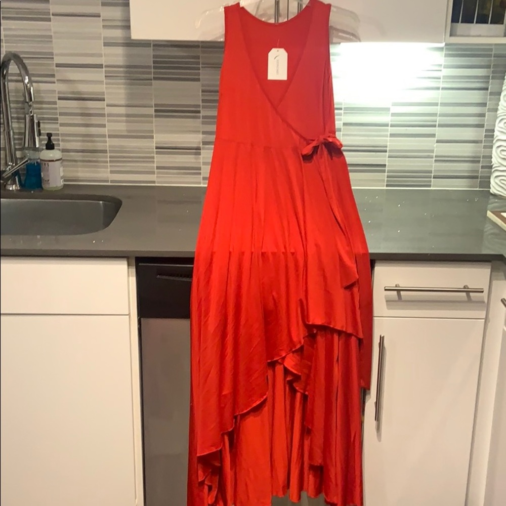 Red high-low maxi wrap dress